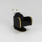 Black and gold hair backwas unit with white sink and gold taps