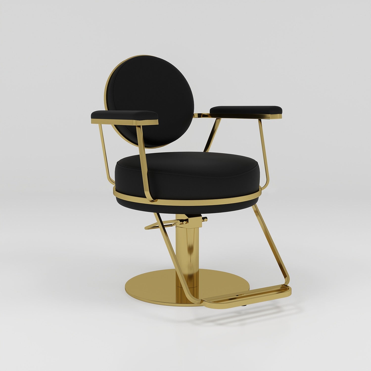 Black leather circle back hair styling chair with gold footrest 