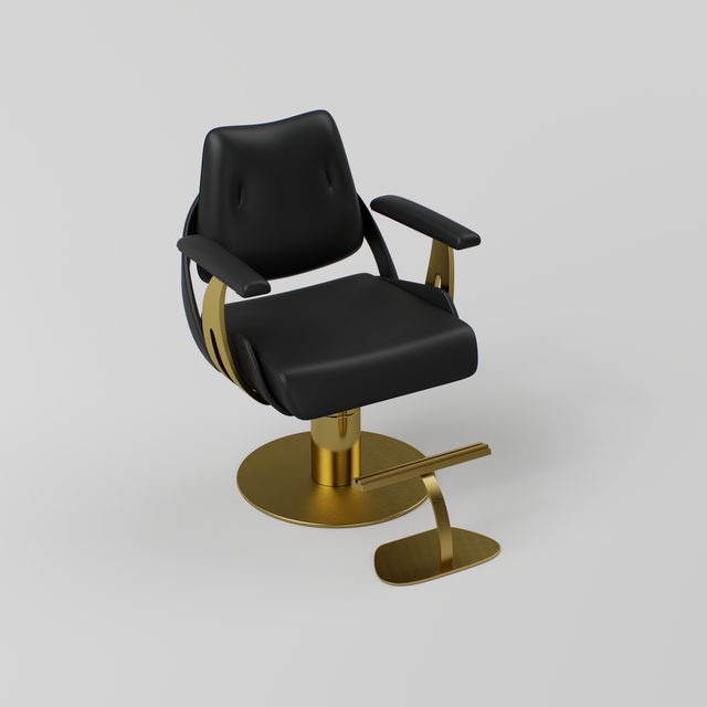 Black leather hair chair with gold circle base and footrest