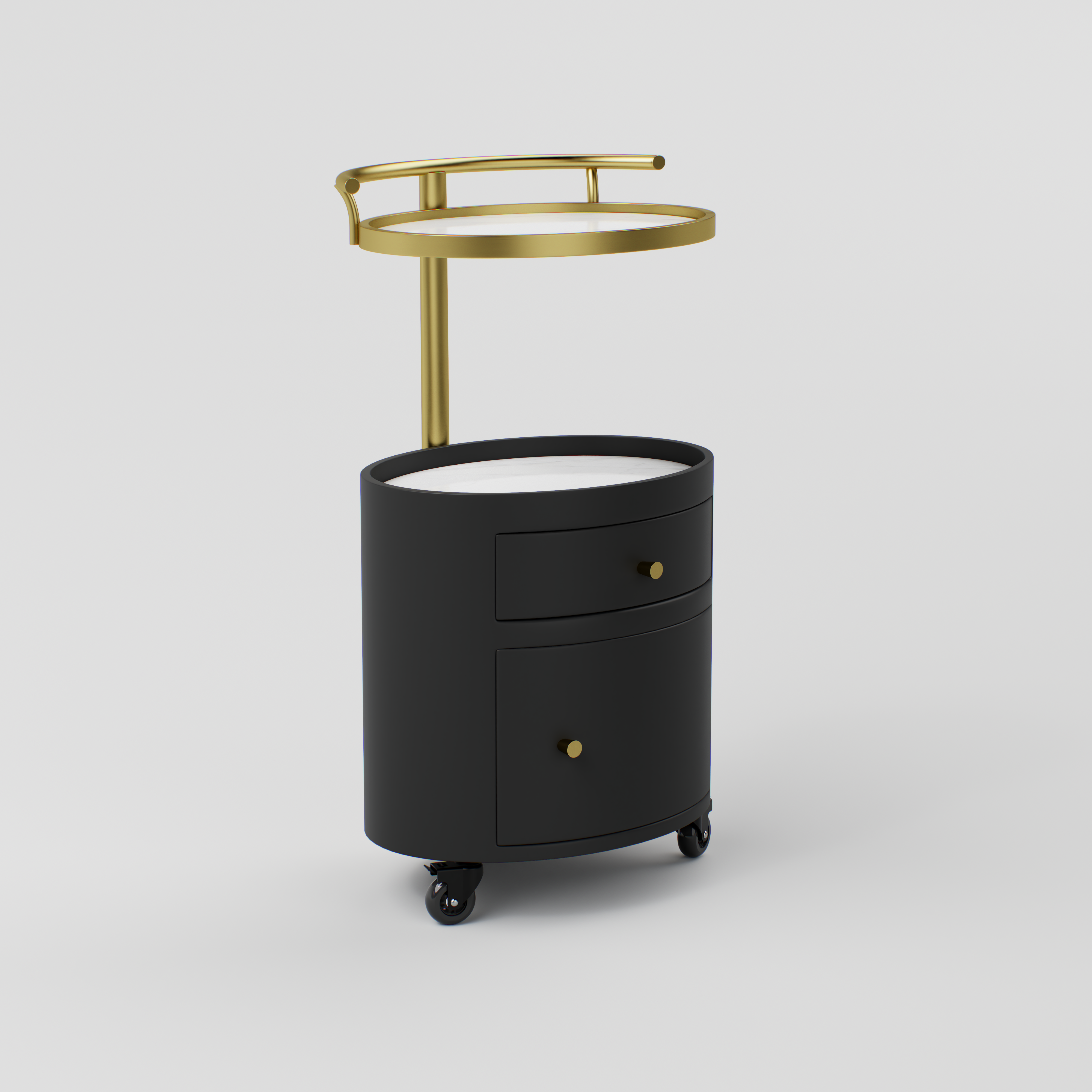 Front view of the Maeva trolley featuring a sintered stone top and stainless steel frame.