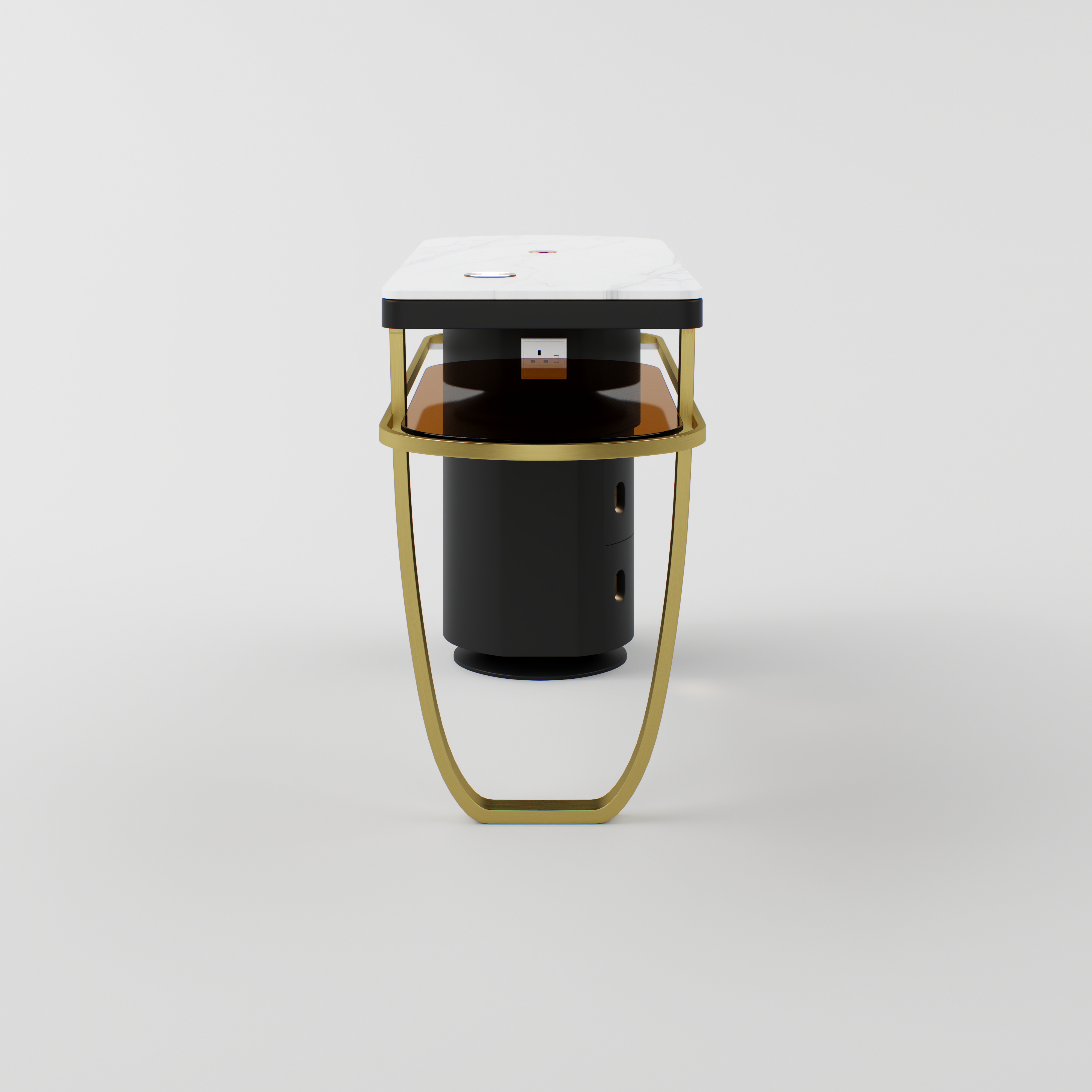 Nail station showing integrated USB and wireless charger on the sintered stone worktop.