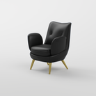 Front view of a black salon chair featuring durable stainless steel legs and stain-resistant leather.