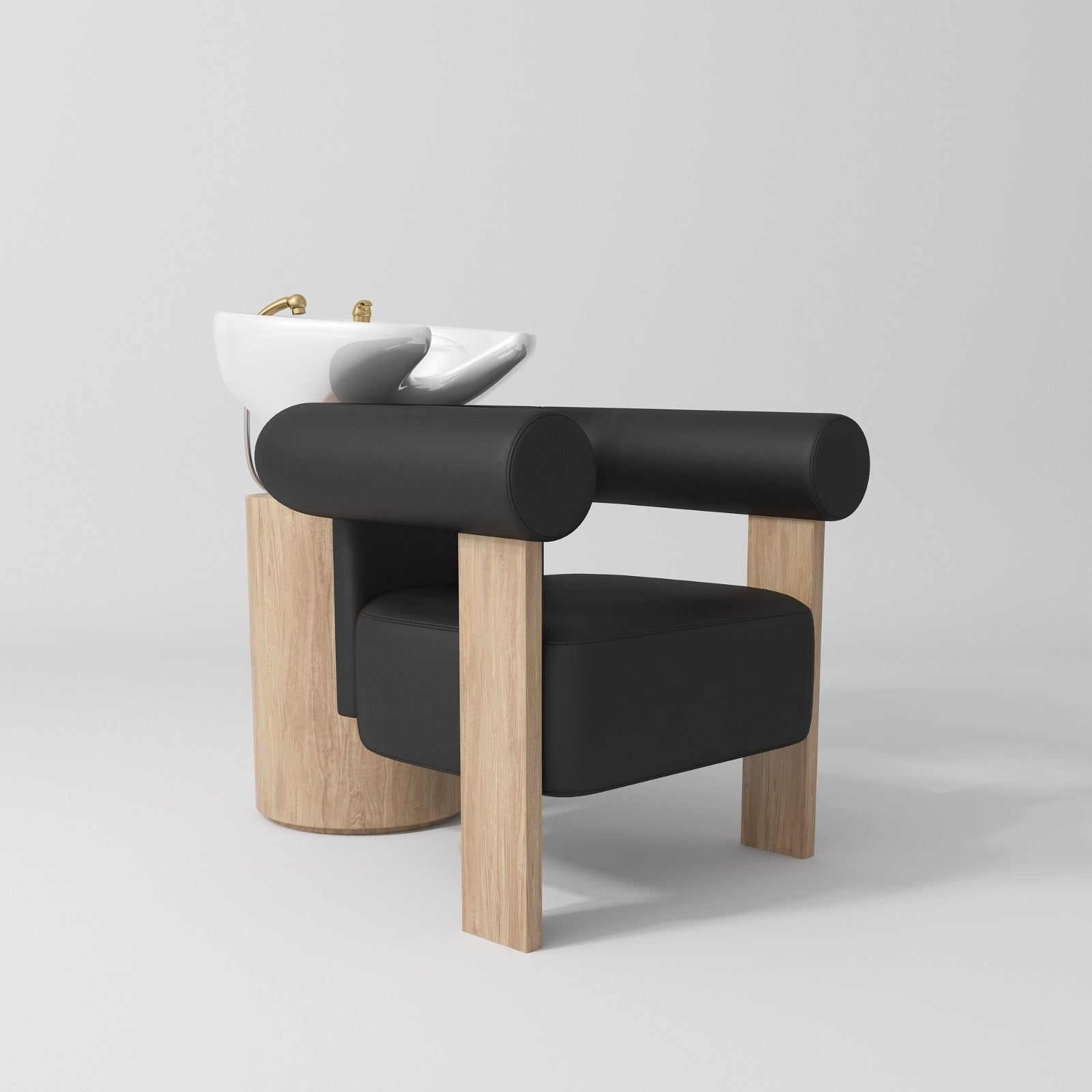 white hair basin with black leather chair and wooden legs 