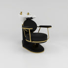 Black leather vintage hairwashing unit with white cermaic sink