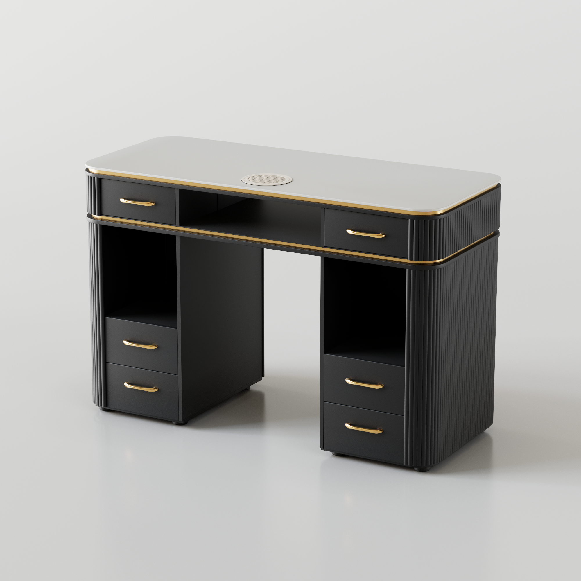 Black nail desk with gold for a luxury nail salon