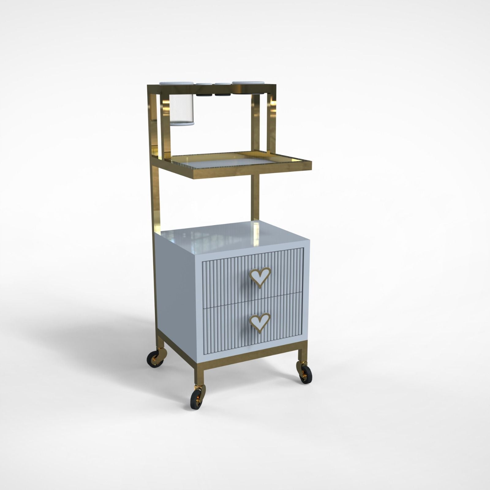 Blue hairdressing trolley with gold frame and heart handles