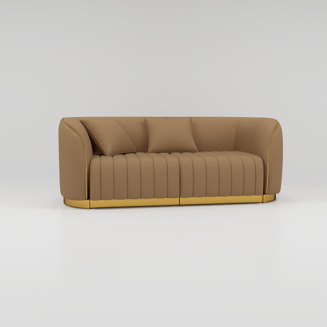 Sofa for waiting area in brown leather and gold trim