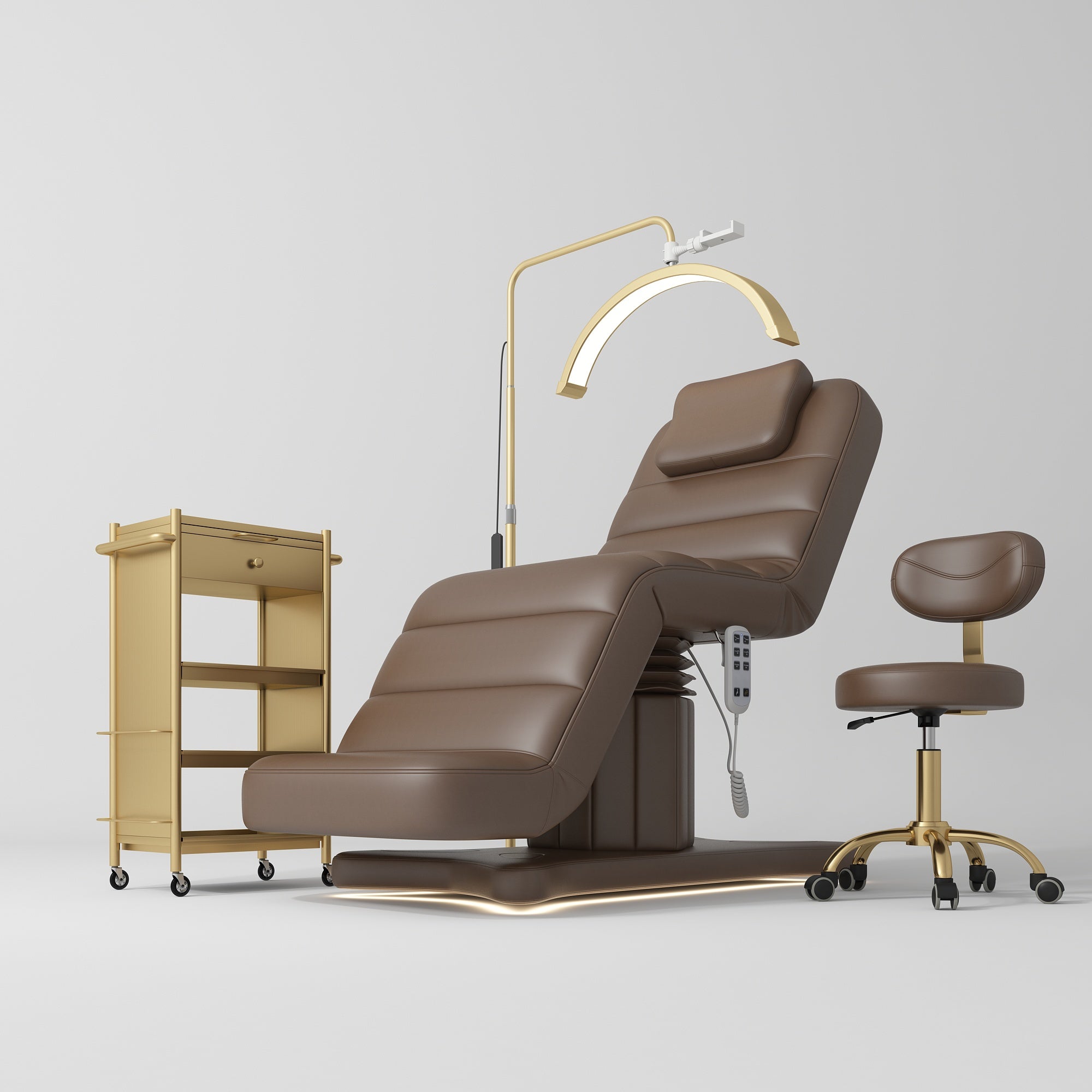 Brown Bed, Brown Stool with gold base, Gold Trolley and Gold moonlight