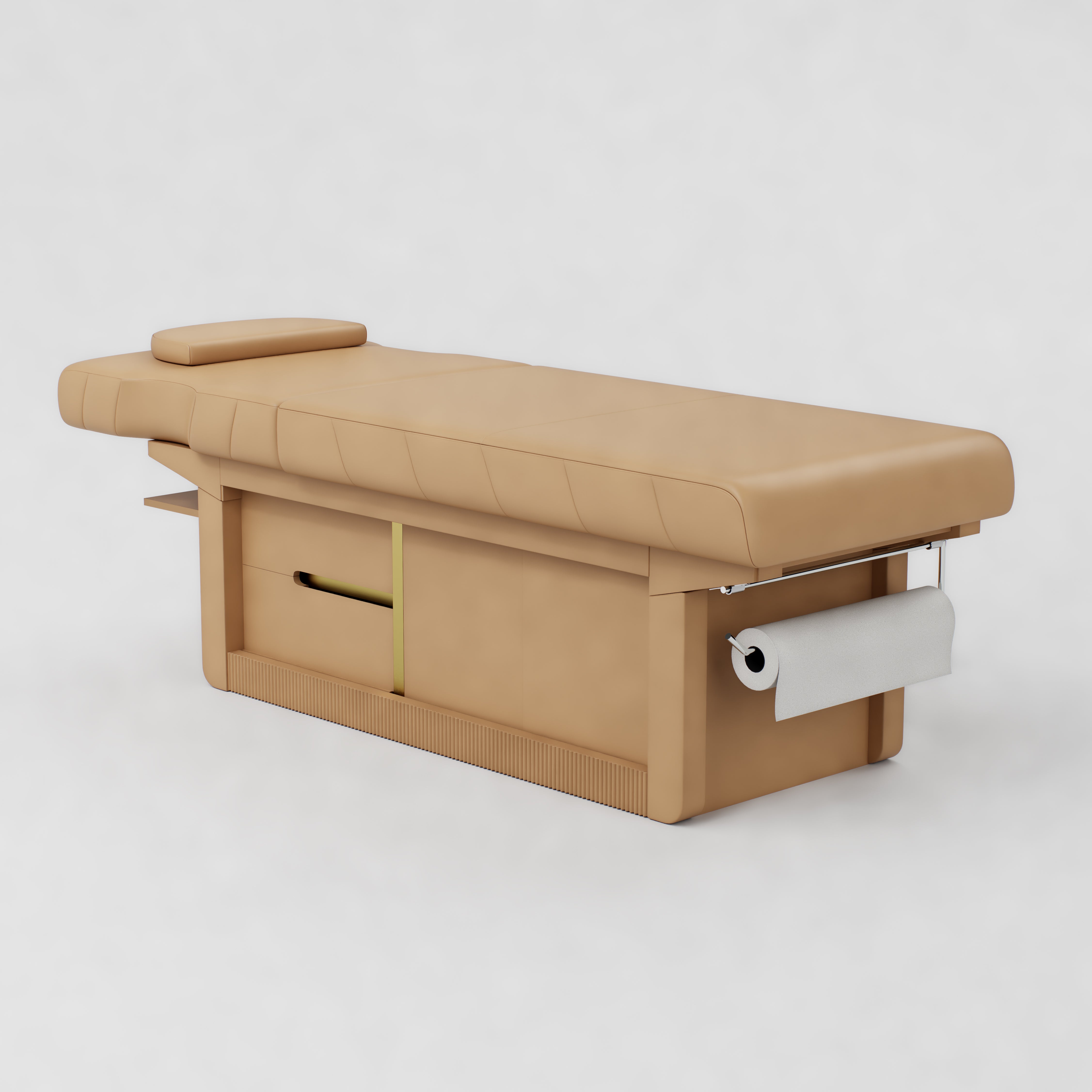 Brown premium padded cushioning, built-in tissue holder and gold hardware 