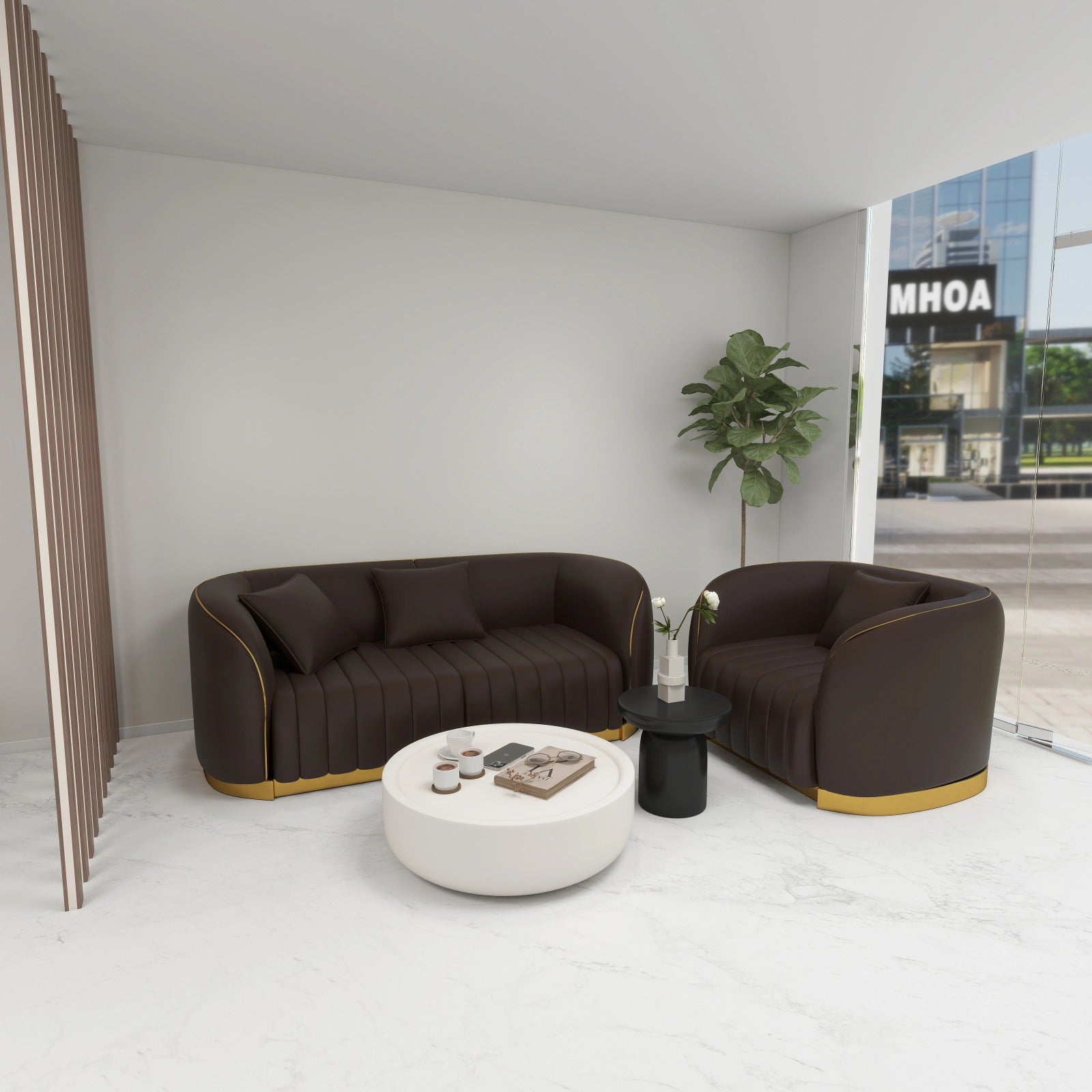 2 seater and 2 seater salon sofa in brown with gold trim