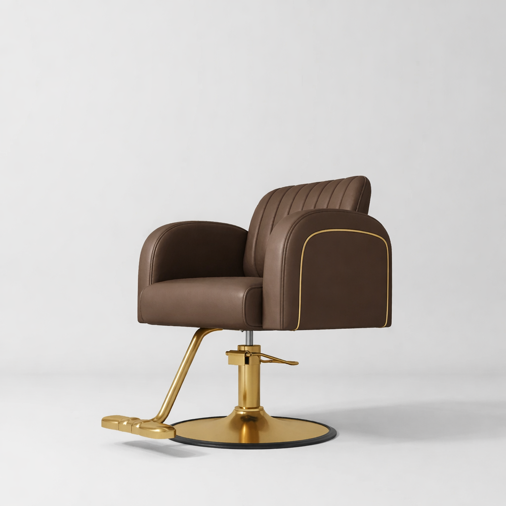Luxury Hair Dressing Chair in Mocha Brown and Gold Circle Base