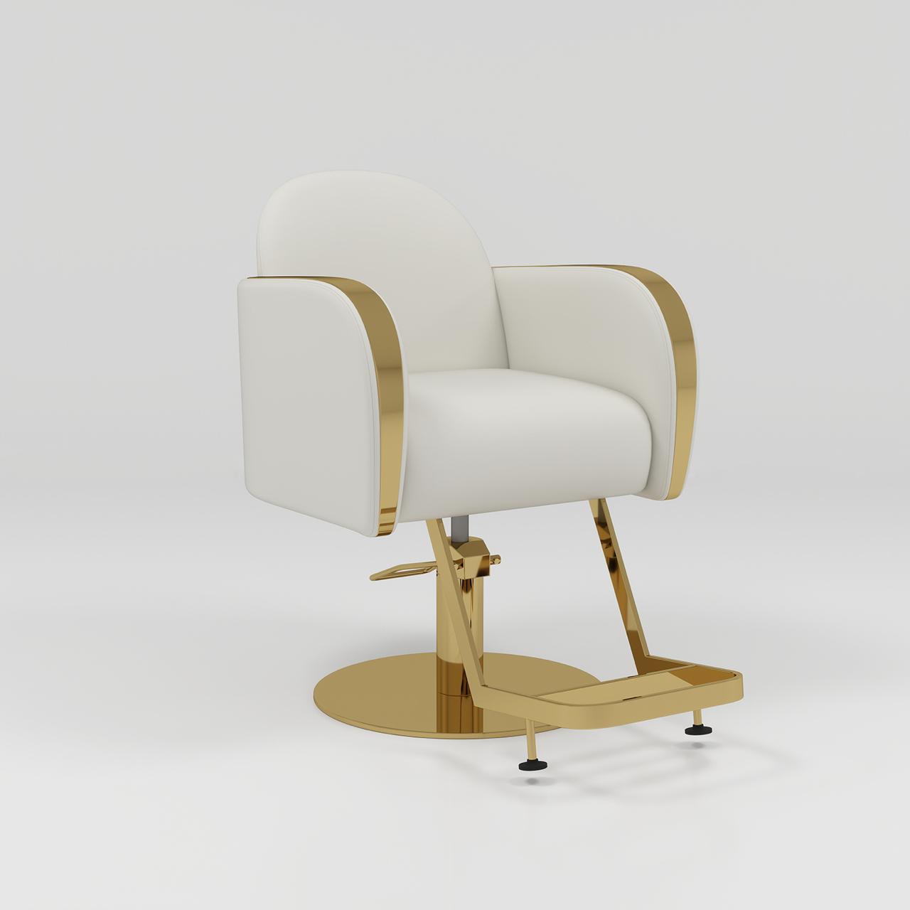 Cream Hair Styling Chait with Gold Arms and Gold Footrest 