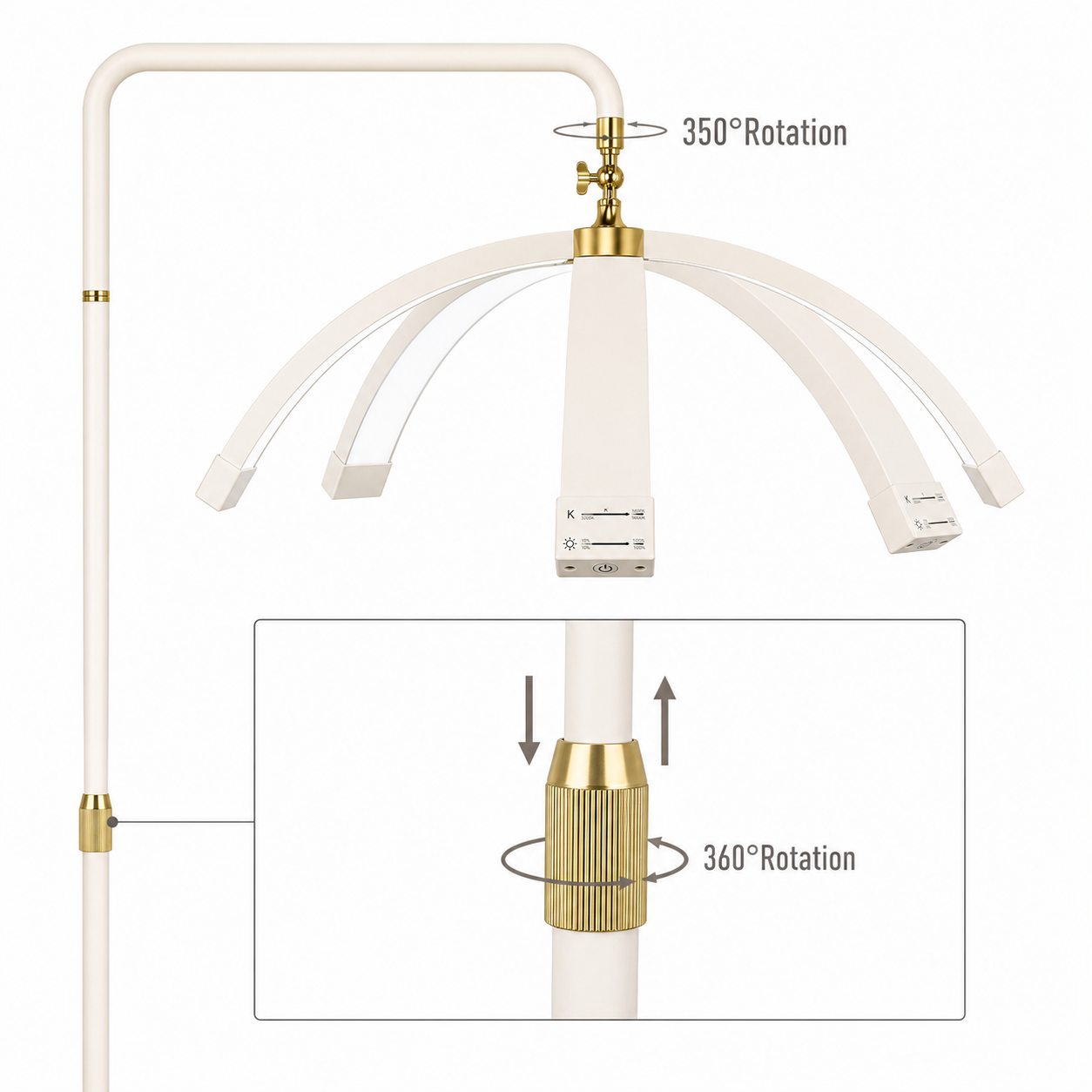 Decorative lamp with gold accents and 360-degree rotation 