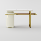 Side view of the manicure desk with black storage drawers and LED-lit locker area.