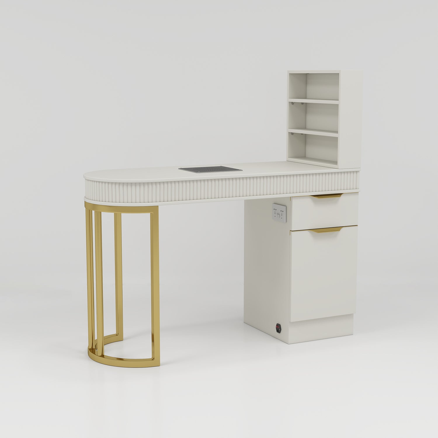 Cream Nail Table with Storage and Gold Metal Legs