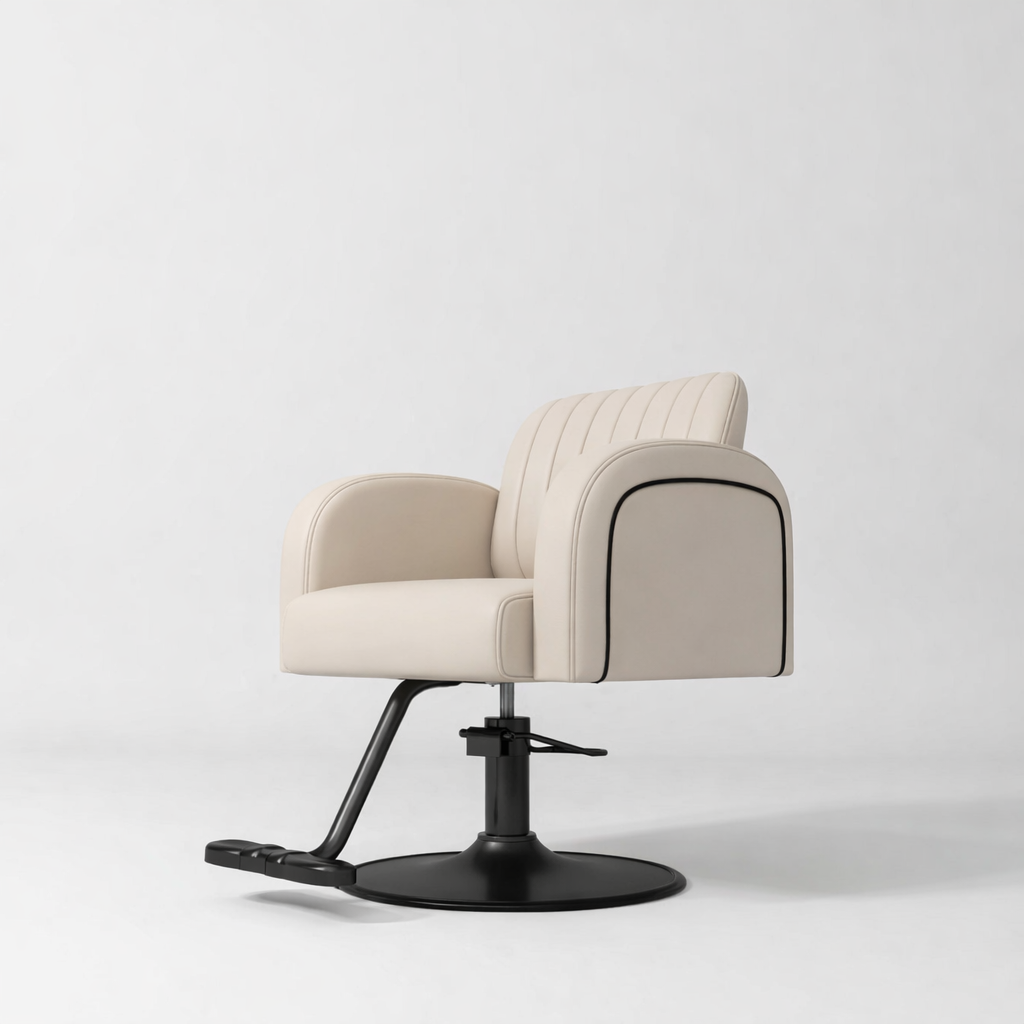Cream Leather Hair Chair with Black Circle Base and Piping 