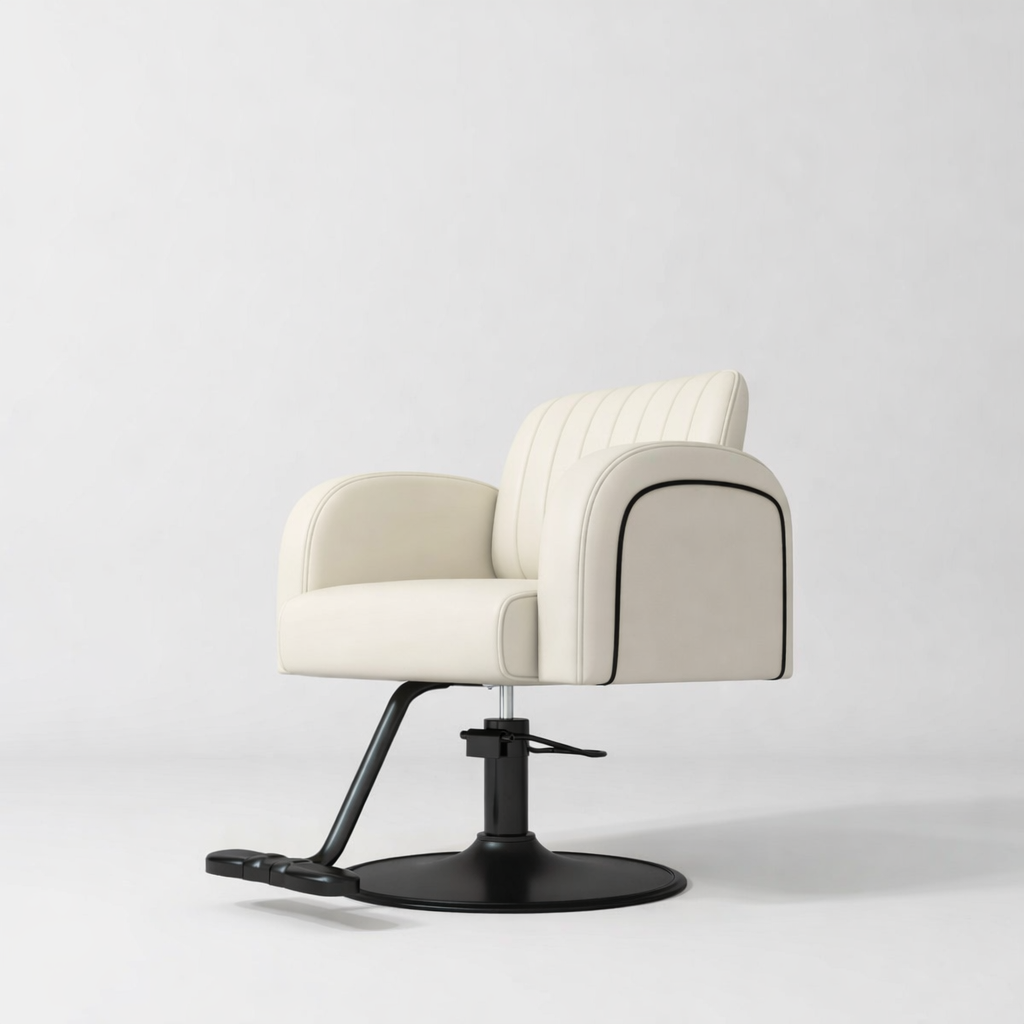 Cream Leather Hair Chair with Black Piping and Footrest