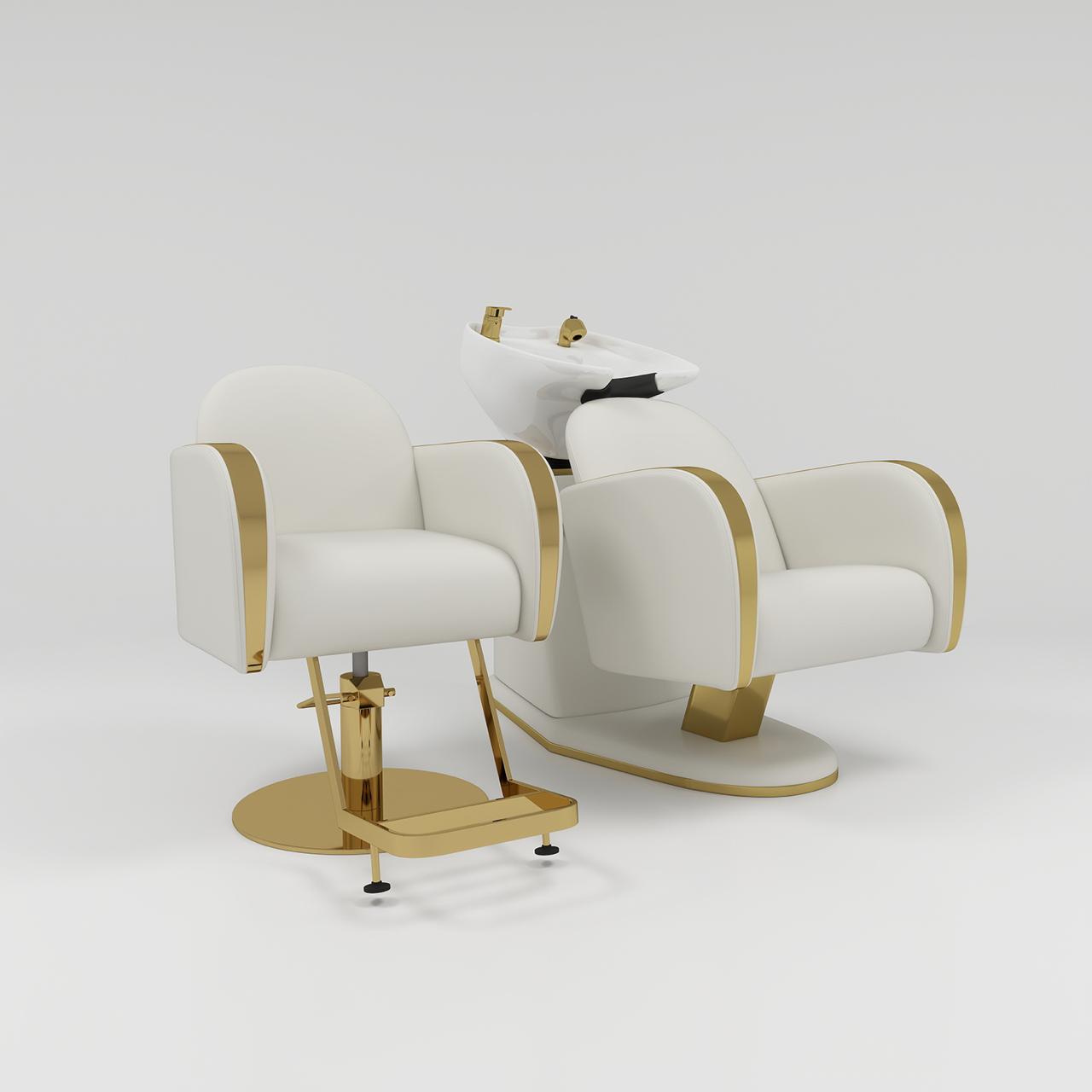 Cream Hair Styling chair paired with Backwash unit 