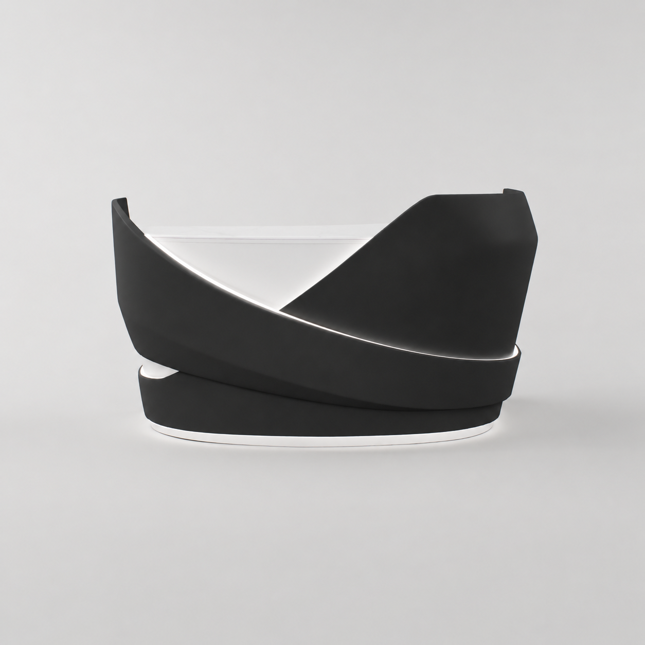 Black and White Modern curved reception desk with integrated LED lighting.