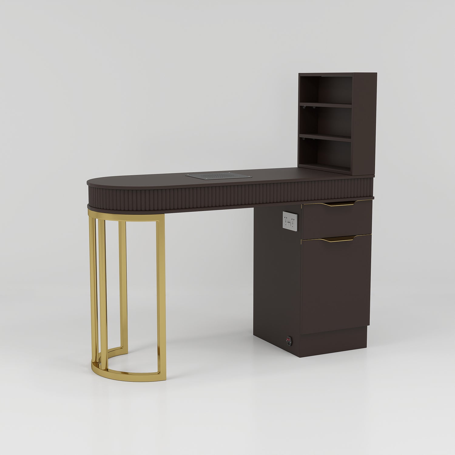 Manicure Table in Brown with Gold Metal Legs, and Storage