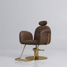 dark brown hair styling chair with gold foot rest and foot pump