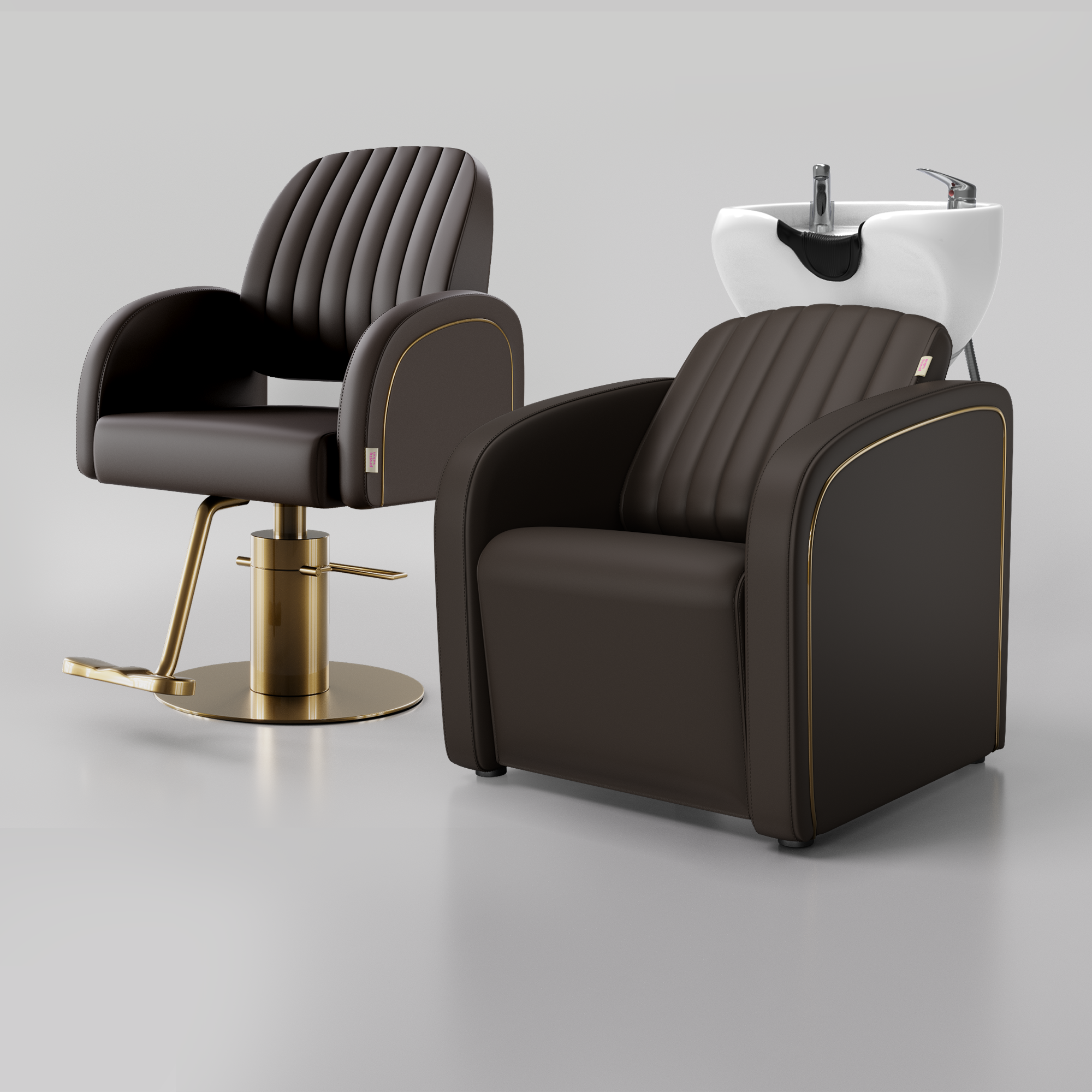 Charlina Salon Bundle Set in Dark Brown matching backwash unit and styling chair with gold detailing, ideal for professional UK salons
