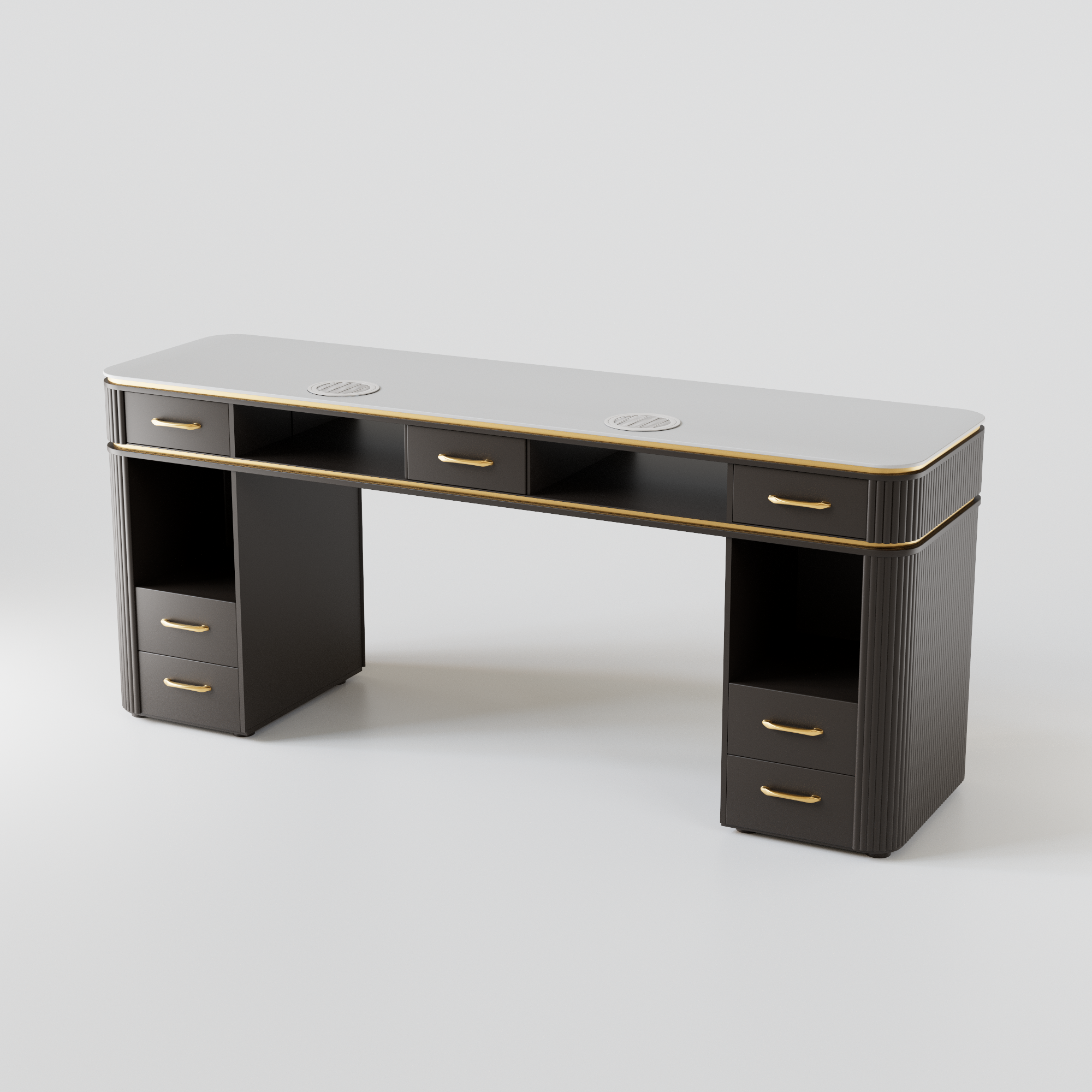 A luxury double nail desk with brass handles and fluted panels 