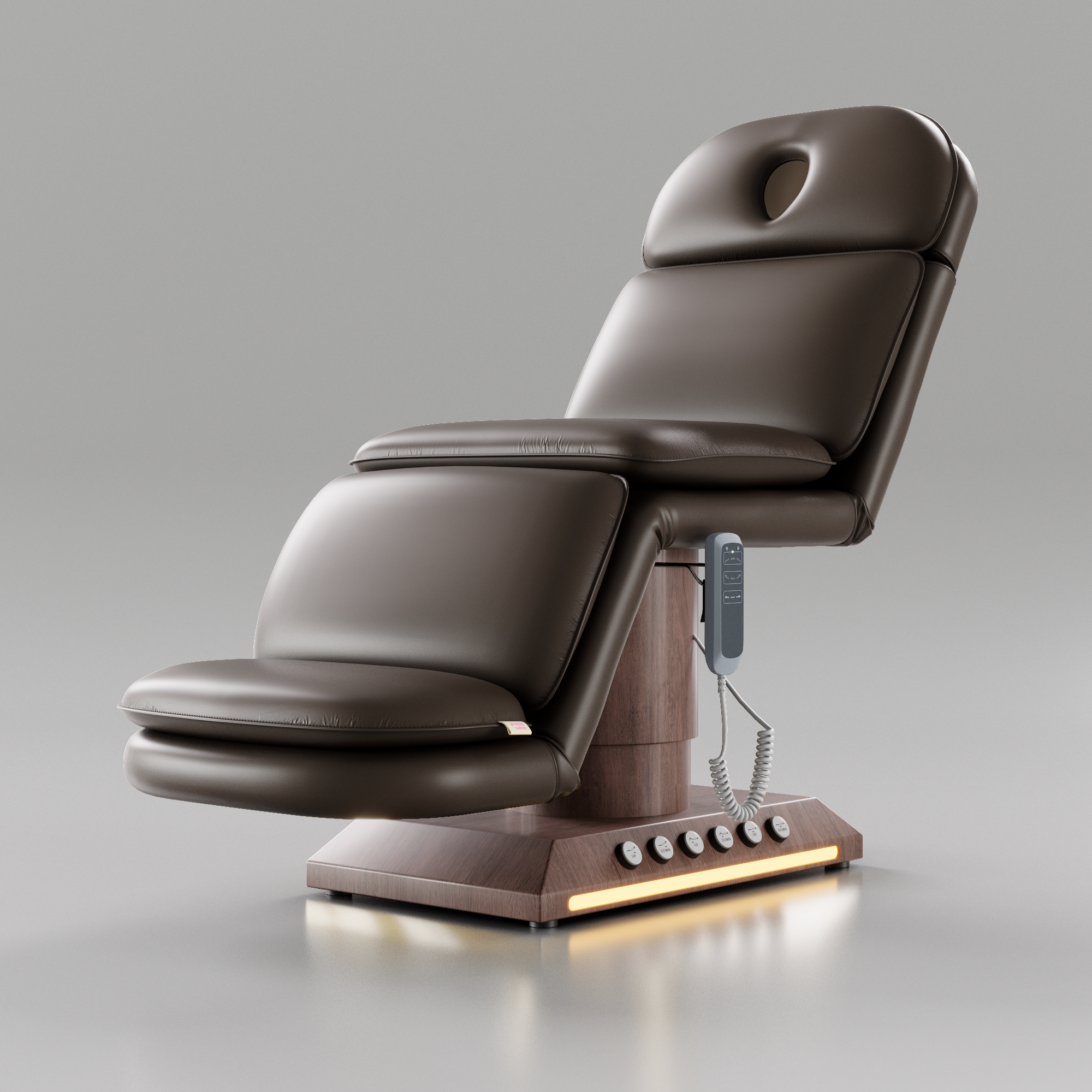 Brown beauty bed with brown wood base and foot control