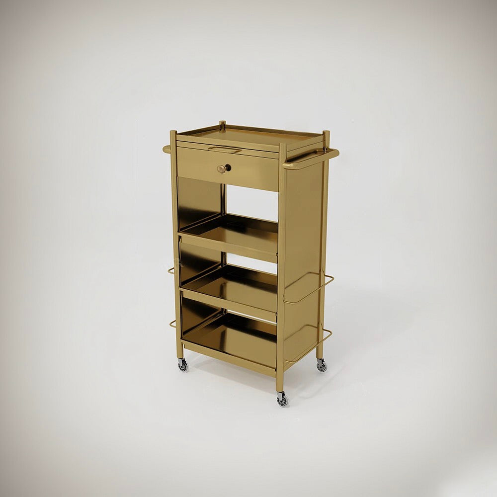 A gold-colored metal salon trolley with multiple compartments and wheels for mobility.