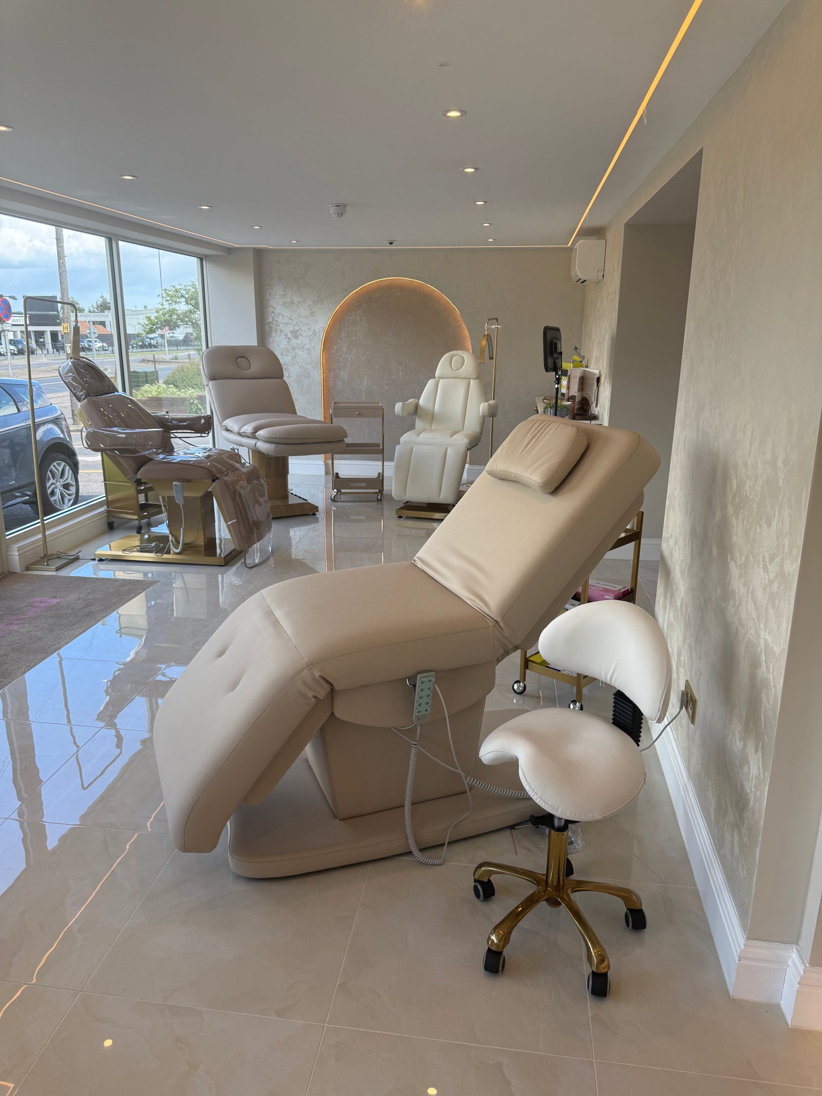 Beauty beds and salon furniture inside the PrettySalon showroom in Leigh-on-Sea