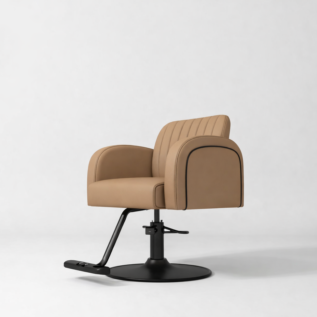 Light Brown Leather Styling Chair with Black Piping and Base