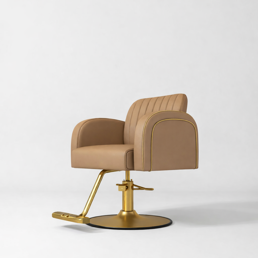 Light Brown Leather Hair Chair with Gold Base and Gold Piping