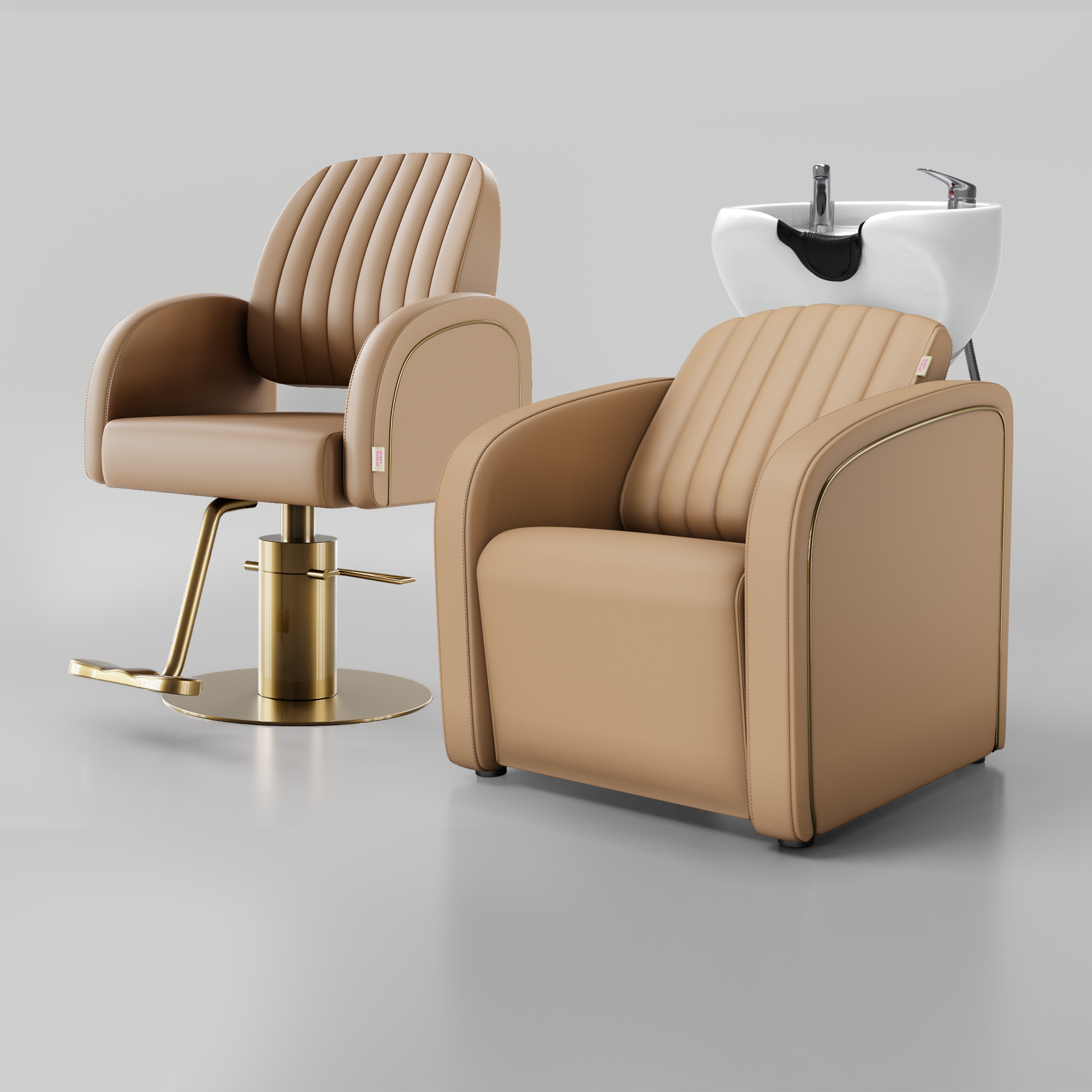 A tan salon chair with vertical channel stitching and a gold-tone adjustable pedestal base, shown alongside a matching shampoo bowl in white ceramic 