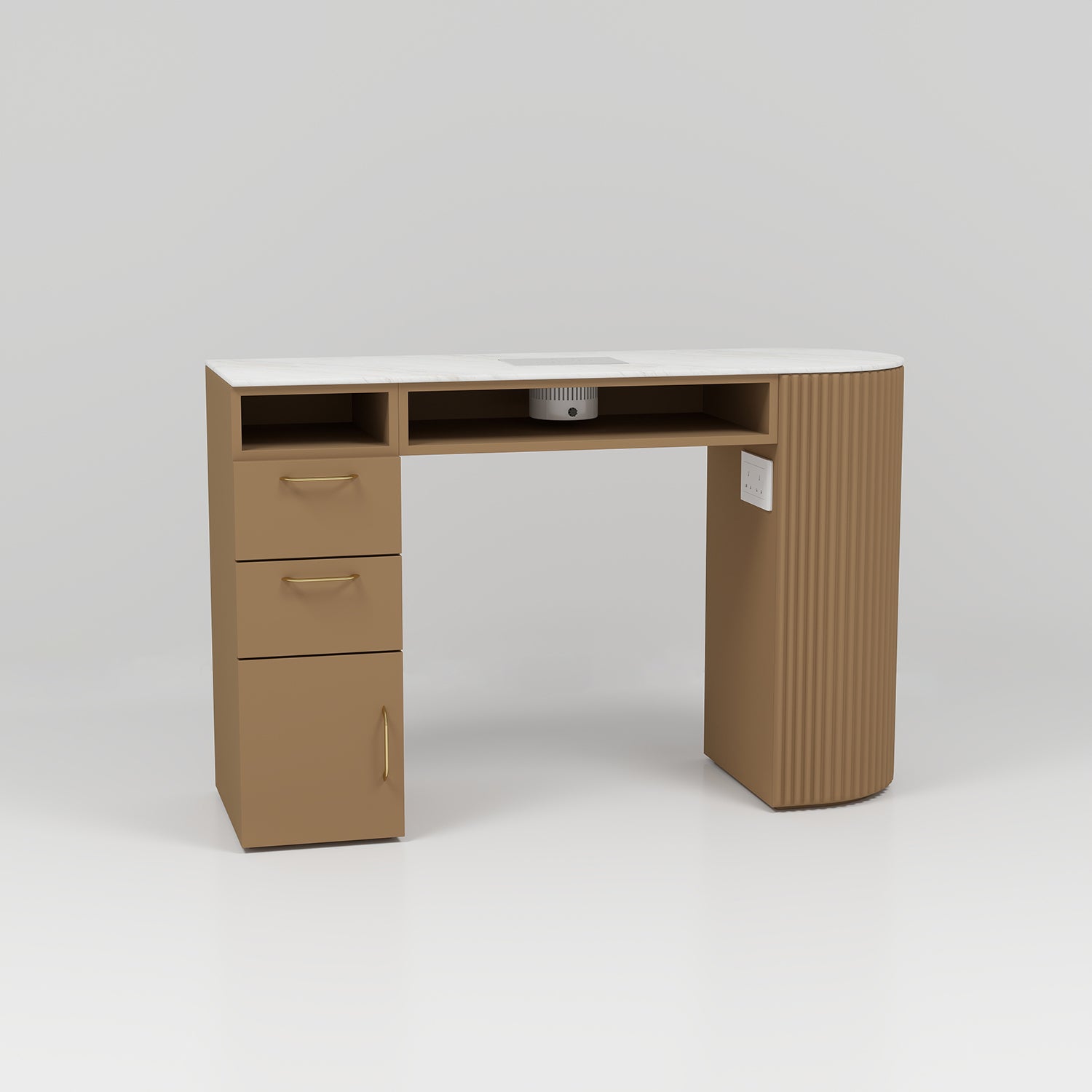 brown nail desk with arched side and white top