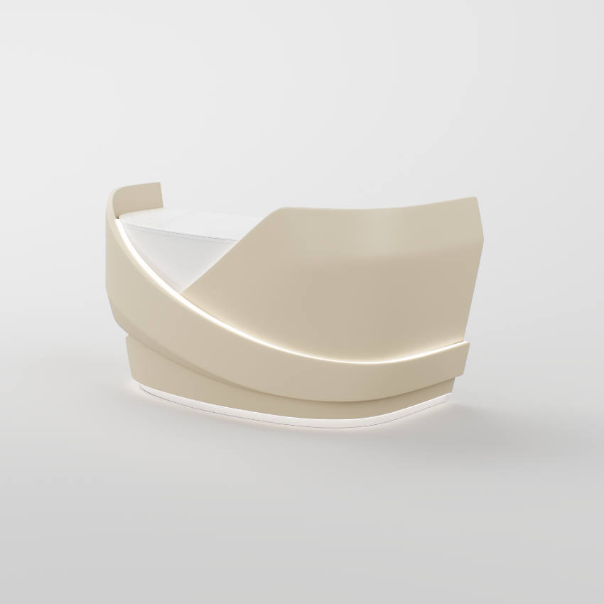 Angled front view showcasing the sculptural curves and illuminated LED detailing of the Luciana reception desk.