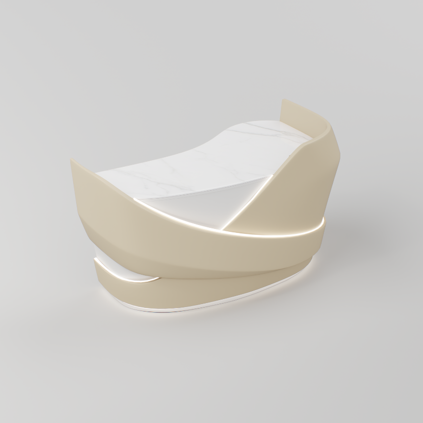 Front view of the Luciana 190cm reception desk with curved design, integrated LED lighting and marble-effect worktop.