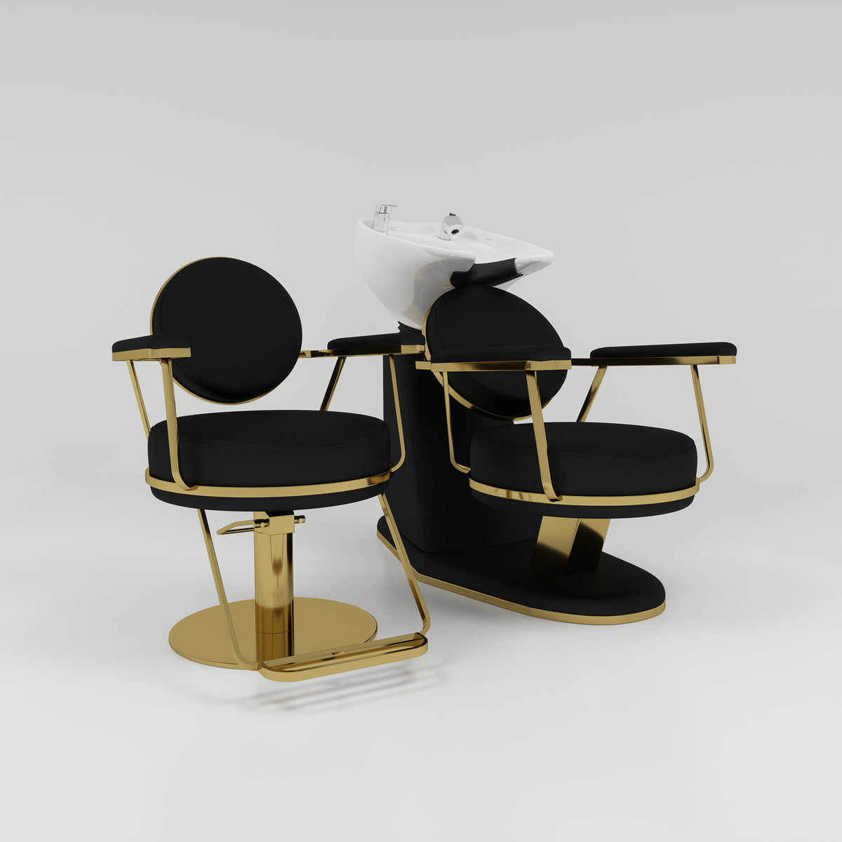 Hairdressing Styling Chair and Backwash Unit in Salon Set in Black and Gold
