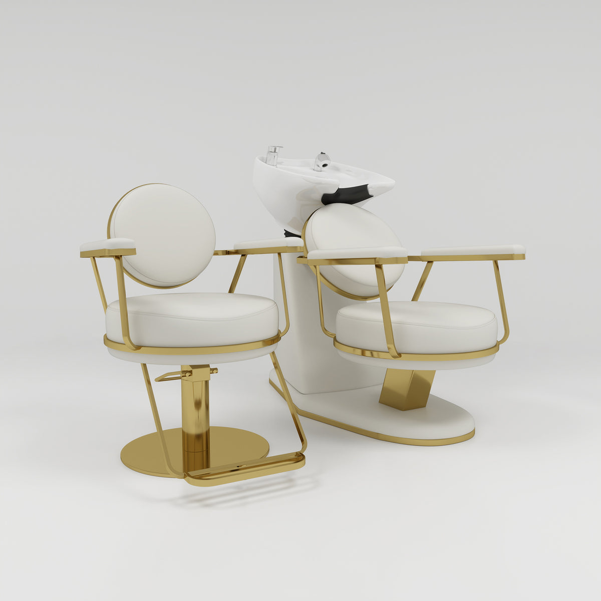 Hairdressing Styling Chair and Backwash Unit in Salon Set in Cream and Gold