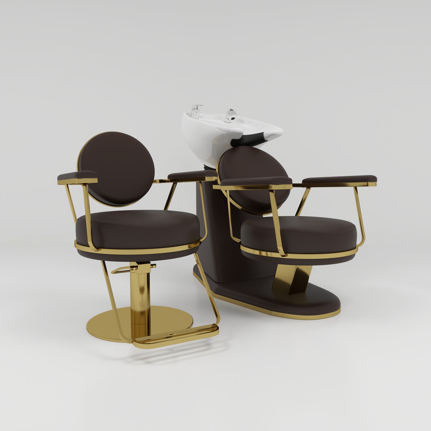 Hairdressing Styling Chair and Backwash Unit Salon Set in Mocha Brown and Gold