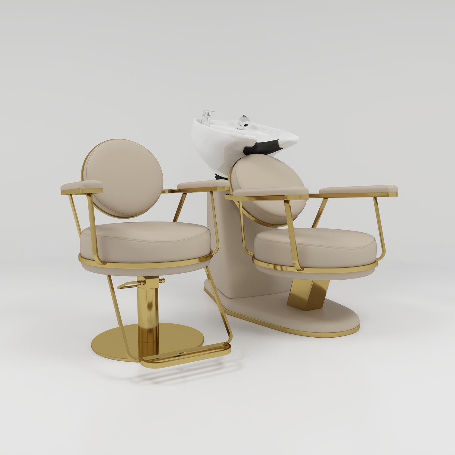 Hairdressing Styling Chair and Backwash Unit in Salon Set in Nude and Gold
