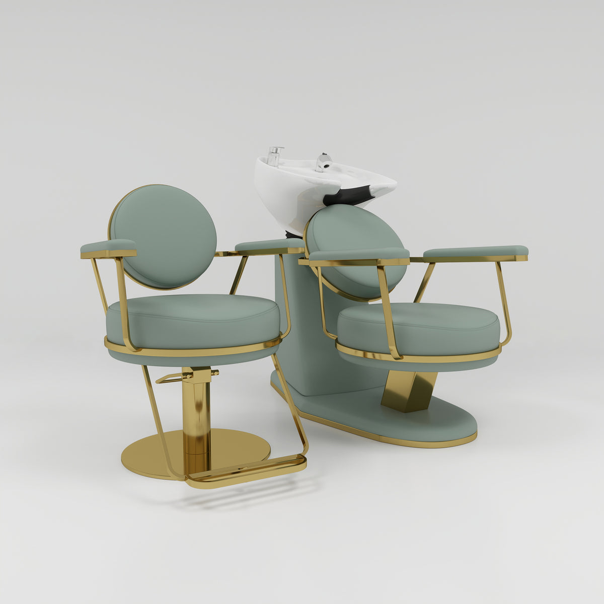 Hairdressing Styling Chair and Backwash Unit Salon Set in Sage Green and Gold