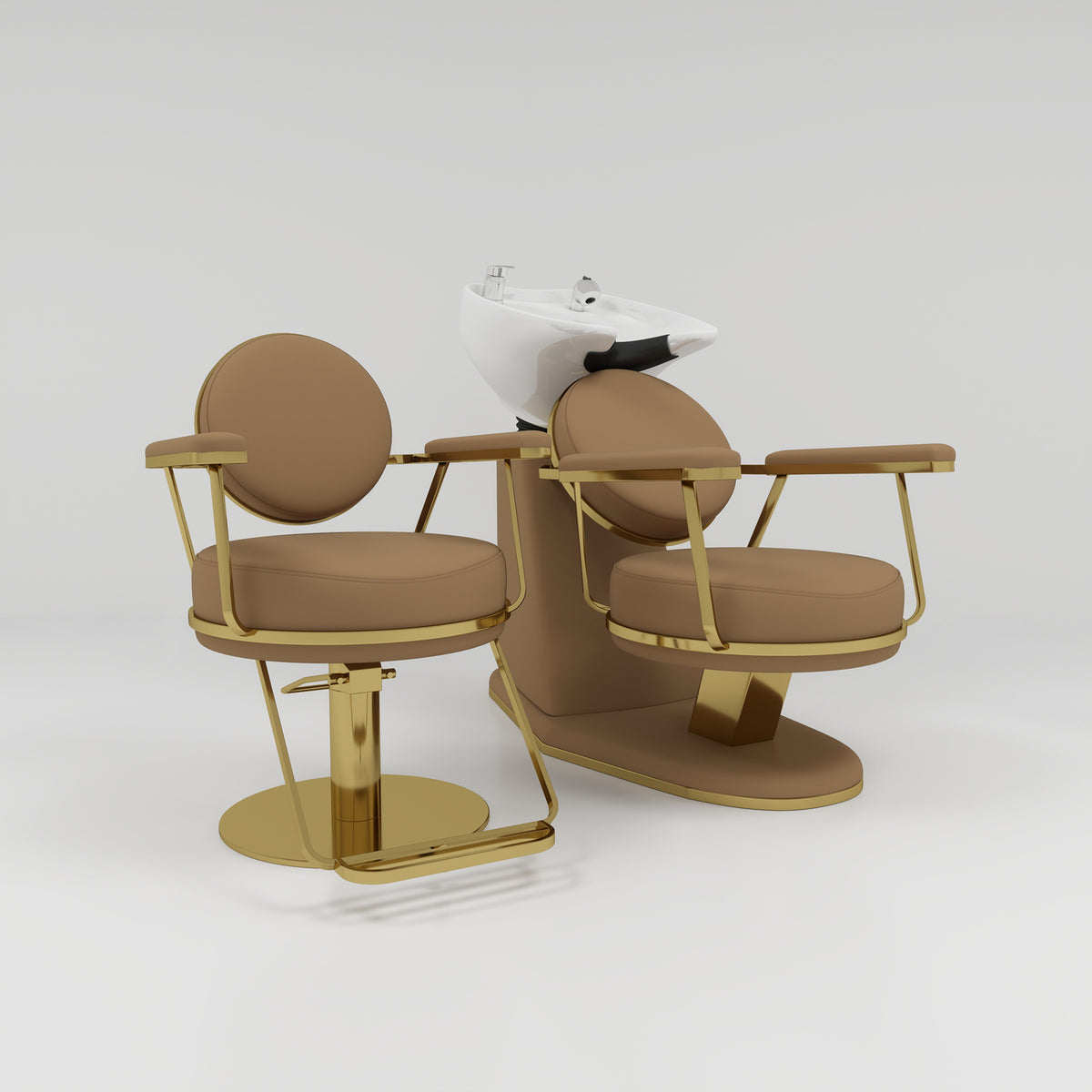 Hairdressing Styling Chair and Backwash Unit Salon Set in Soft Brown and Gold