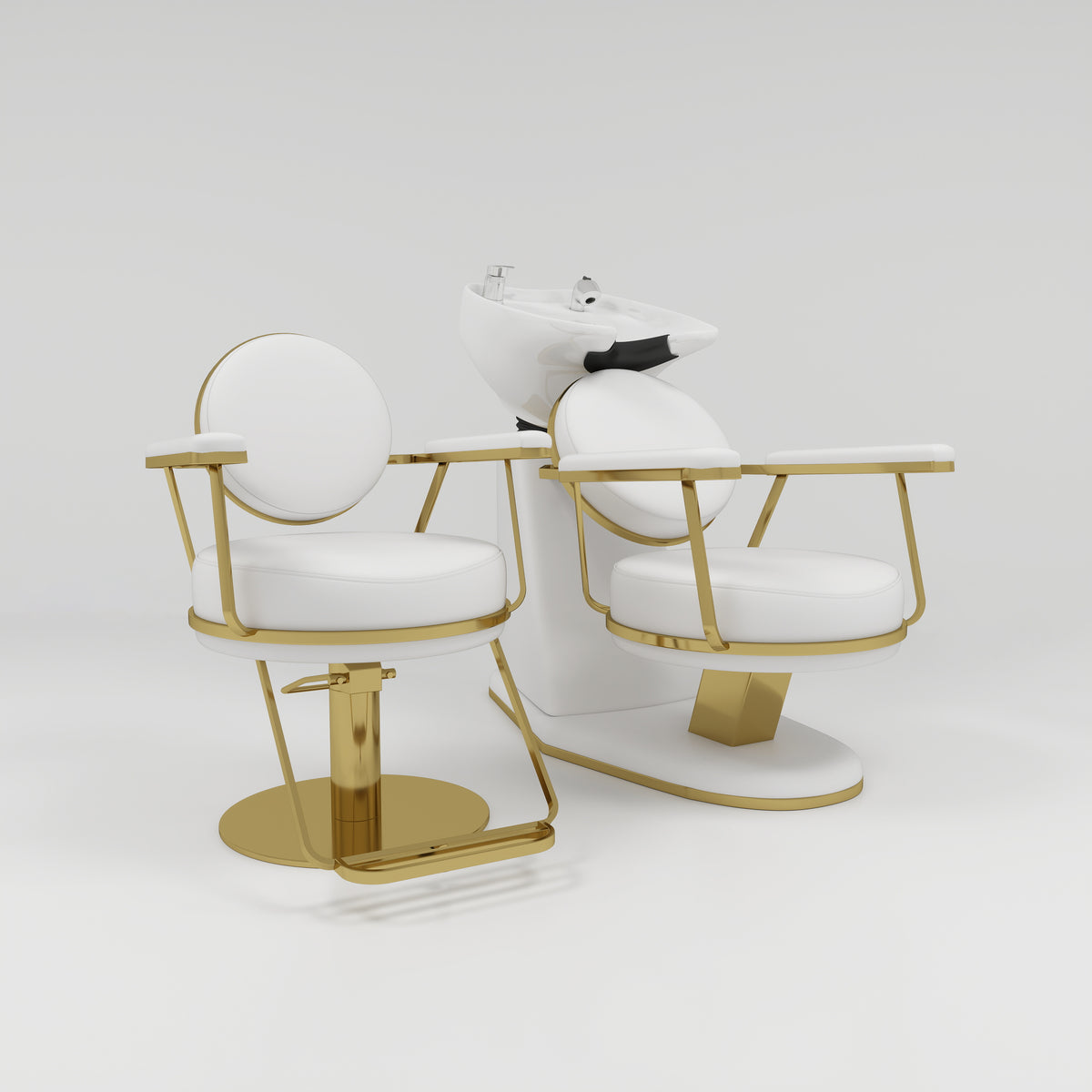 Hairdressing Styling Chair and Backwash Unit  Salon Set in White and Gold