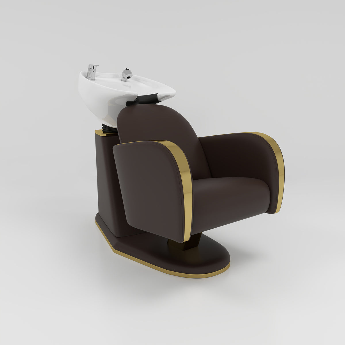 Modern Dark Brown Shampoo Chair with Gold Trim, White Sink and Silver Taps 