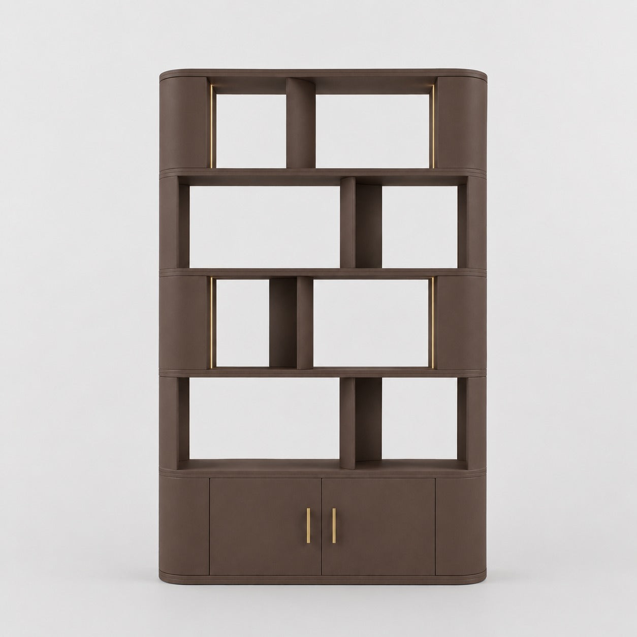 Brown bookshelf with multiple shelves and a couple of doors on a white background