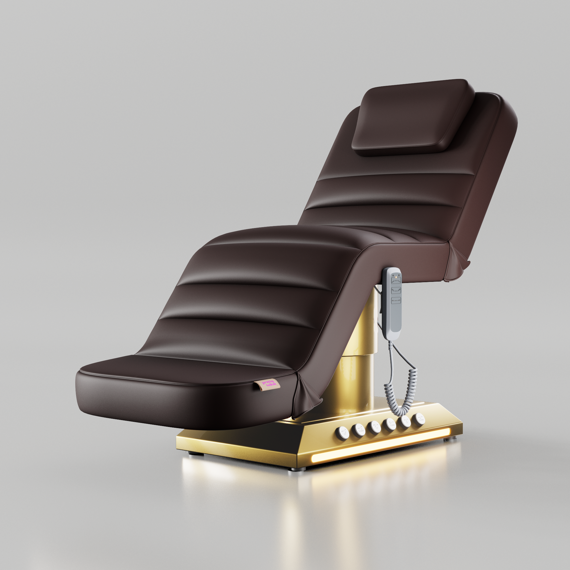 Mocha brown electric beauty bed with gold base and foot control for aesthetic clinics and beauty salons