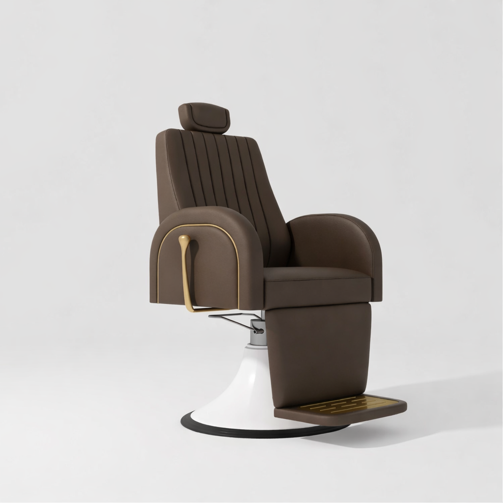 Reclining brown beauty chair with removable headrest and height adjustment 