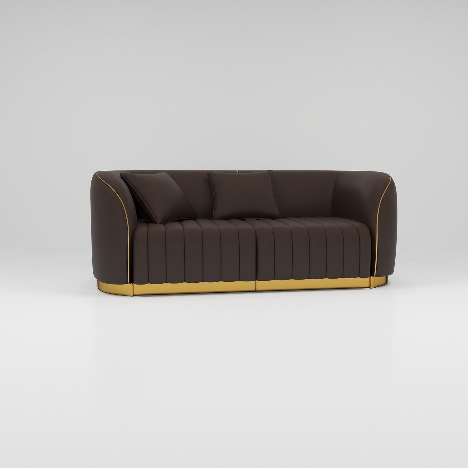 Salon waiting area sofa in brown leather and gold trim