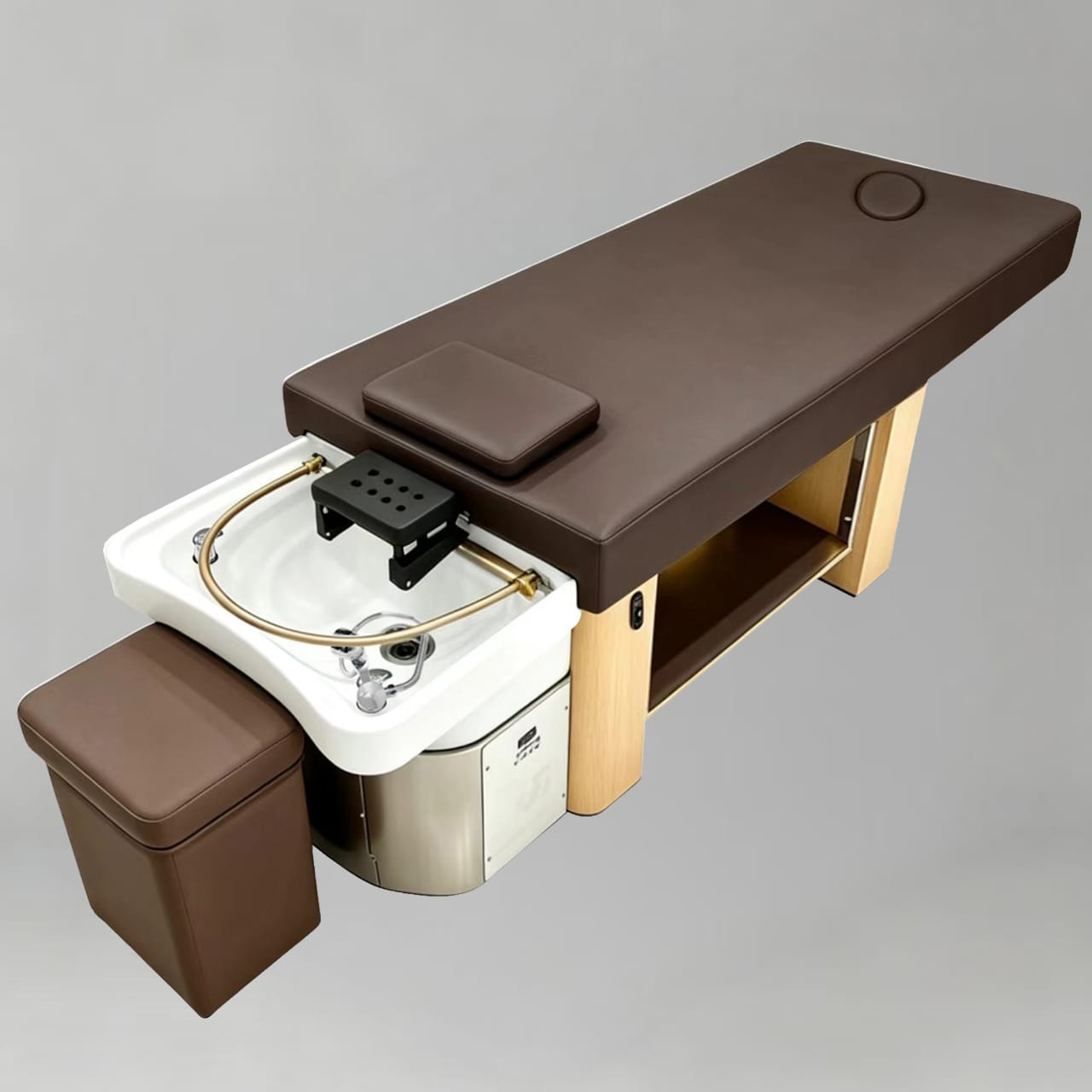 Massage table with sink and storage compartments including stool