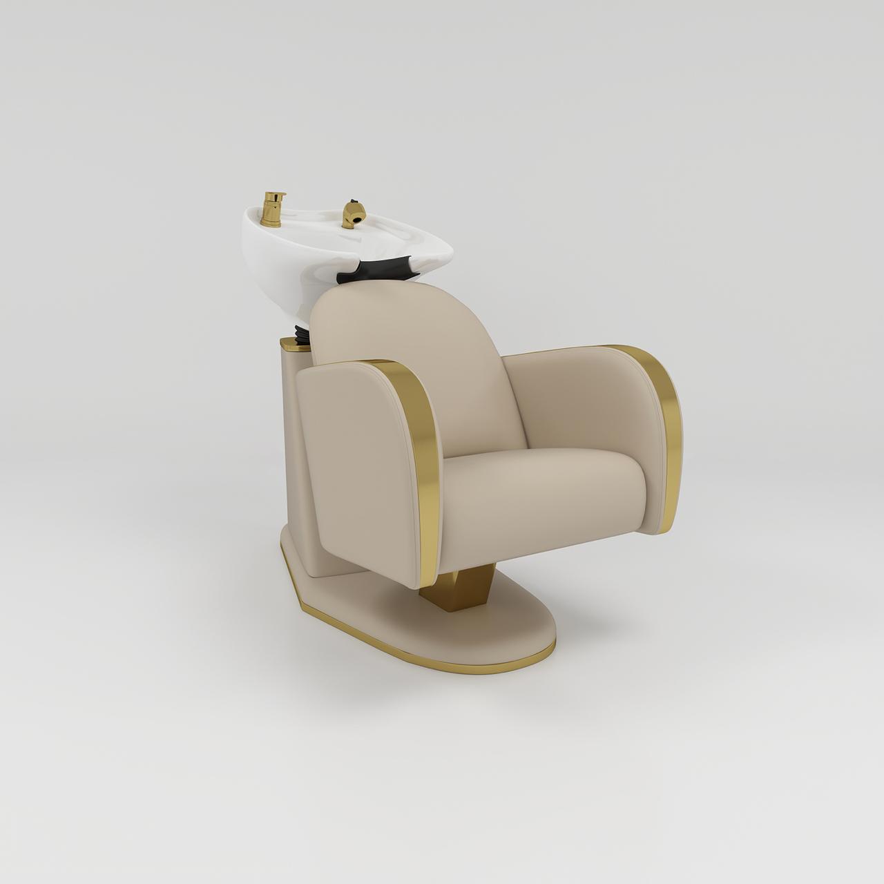 Nude hair wash unit with white sink and gold accessories 